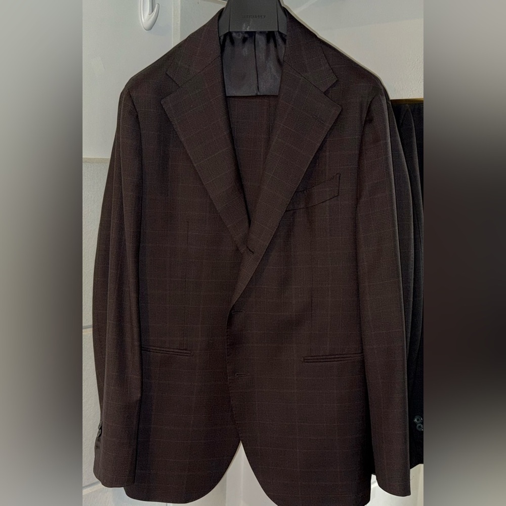 SUITSUPPLY Dark Brown Plaid Wool Mohair Havana Suit 46R